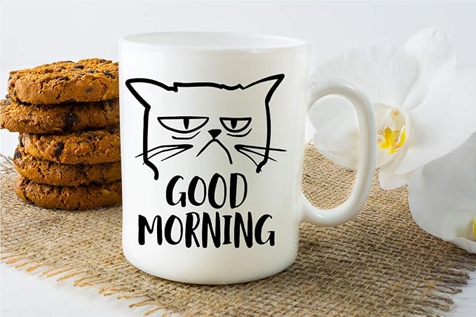 CBTwear Good Morning Funny Grumpy Cat 11oz White Ceramic Coffee Mug - Cute Unique Cat Mom Gifts for Birthdays, Anniversaries, or Any Occasion