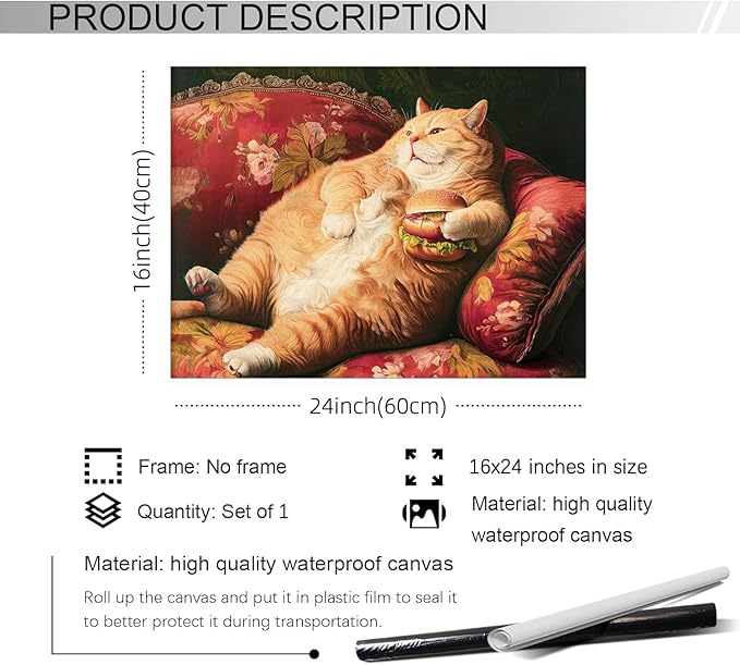 OMANI Victorian Renaissance Canvas Poster Funny Fat Cat With Hamburger Wall Art Lying In Sofa Cute Cat Painting Wall Decor for Animal Lover Gift 16x24 inch Unframed