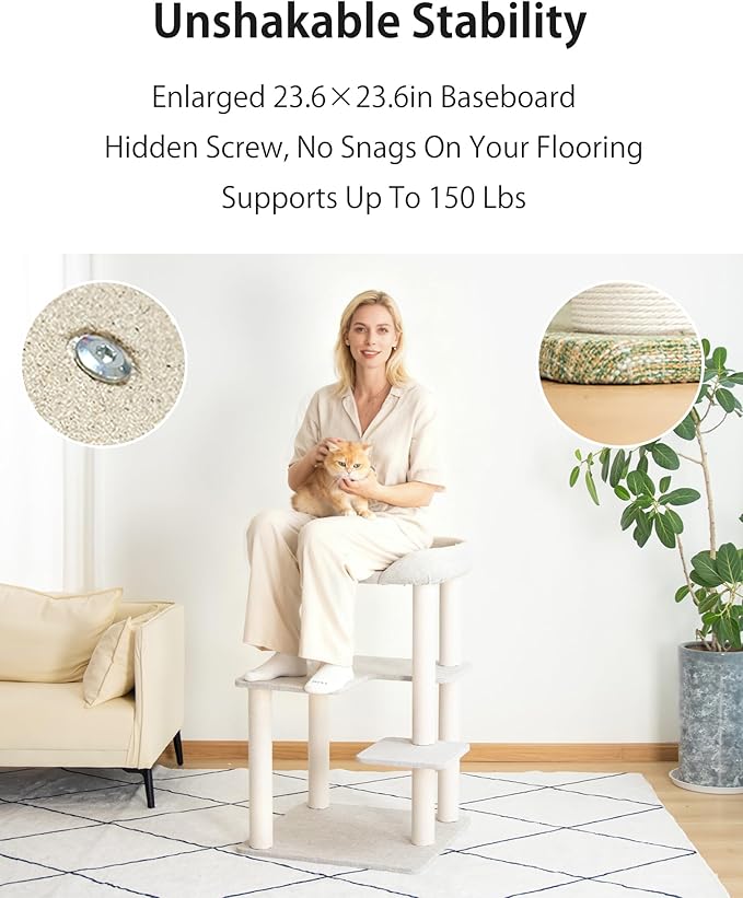 Mordern Cat Tree Tower 37.4'' (95 cm) with Scratching Posts,Multi-Level Cat Tree Tower with Large Base for Multiple Baby/Large Cats, Scratching Posts (Light Gray)