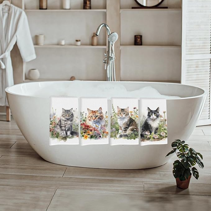 4 Pcs Watercolor Cat Kitchen Towels, Pastoral Flower Decorative Absorbent Microfiber Dish Cloth Tea Towel,cats Waffle Soft Hand Towels for Farmhouse Home Bathroom Kitchen Decor, Cat Lover Gifts