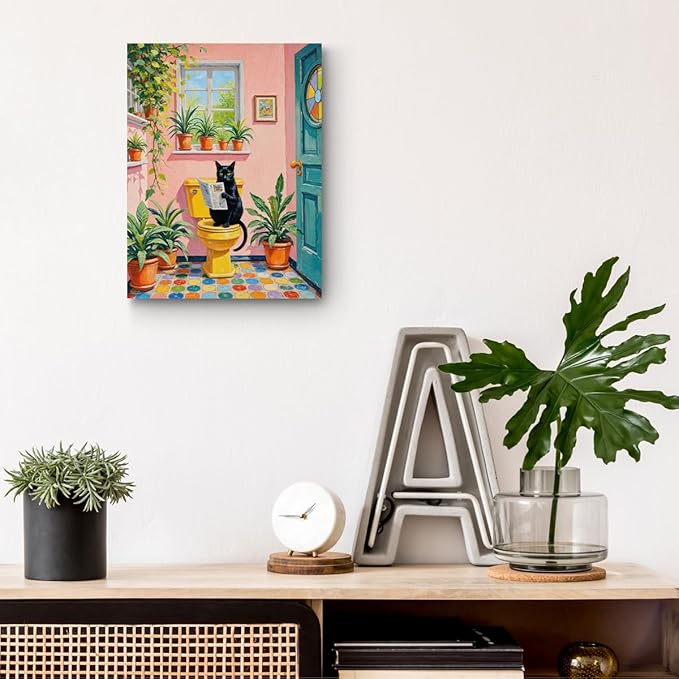 Funny Cat on Toilet Wall Art, Cat Lover Gifts, Cute Animal Theme Vintage Botanical Framed Canvas Prints Room Decor, Pink Painting for Living Room Bathroom Bedroom Decoration 15x11.4 inch