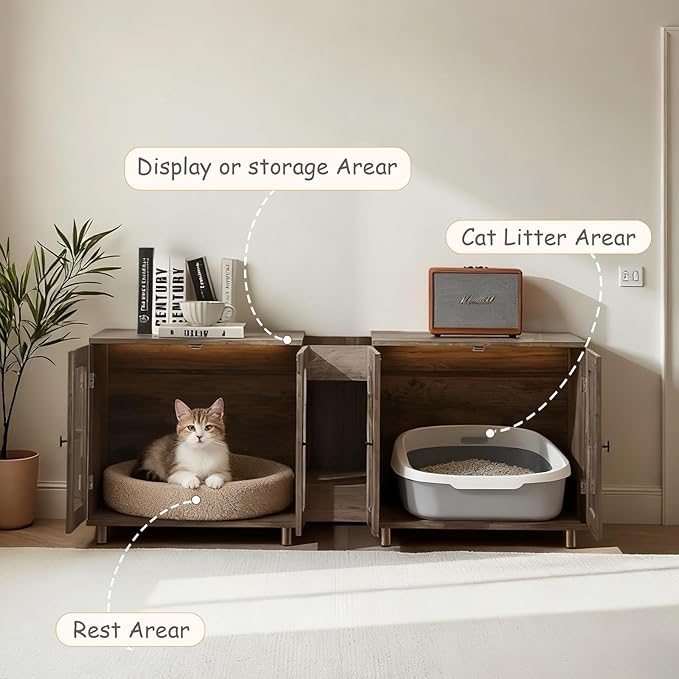 Double Cat Litter Box Enclosure for 2 Cats, Modern Double Litter Furniture with 7-Color LED & Built-in Power Outlet, Large Cozy Cat Space, 4 Glass Doors for Clear Viewing (Grey)