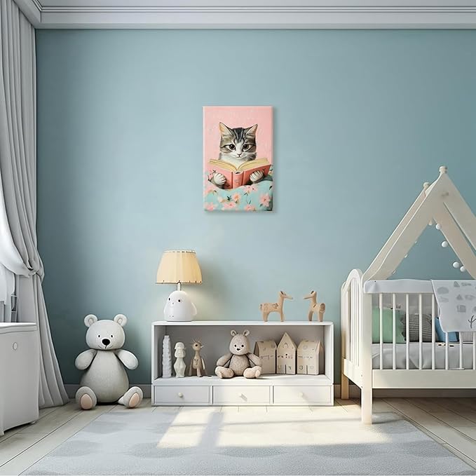 Vintage Cat In Bed Canvas Wall Art Funny Cute Cats Reading Books Poster Retro Pink Girls Room Pet Animal Aesthetic Prints Painting For Home Bedroom Kids Room Dorm Wall Decor 24x36in Framed