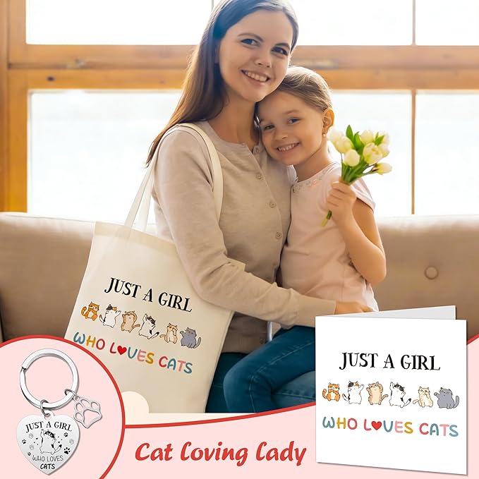 Cat Gifts Women Girls Presents - 5 Pcs Presents for Cat Lovers Including Cute Canvas Tote Bag, Makeup Bag, Card and Keyring for people who love cats Mum Auntie Wife Sisters Friends Teacher