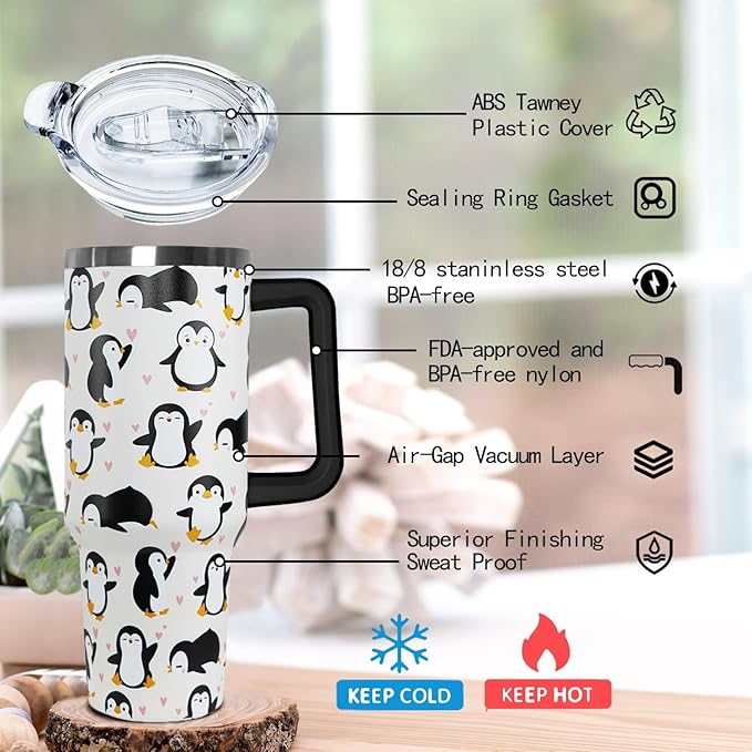 Ceovfoi 40 Oz Penguin Tumbler With Handle, Coffee Travel Mug Cup Water Bottle, Penguin Decor and Gifts for Women