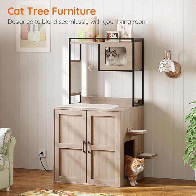 HOOBRO Cat Automatic Litter Box Enclosure Furniture, 30.5" L x 26.8" W x 61" H, Hidden Robotic Litter Box Cabinet, Dog-Proof Shelf with Charging Station, Scratching Mat, Bowls, Natural NL68UMZ03