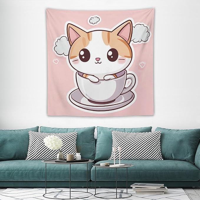 MaSiledy Kawaii Cat Wall Tapestries Animal Adorable Cat Tapestries for Bedroom Aesthetic Landscape Tapestry Wall Decor for Bedroom Living Room Dorm 60"x60" Tapestries for Bedroom Living Room Dorm