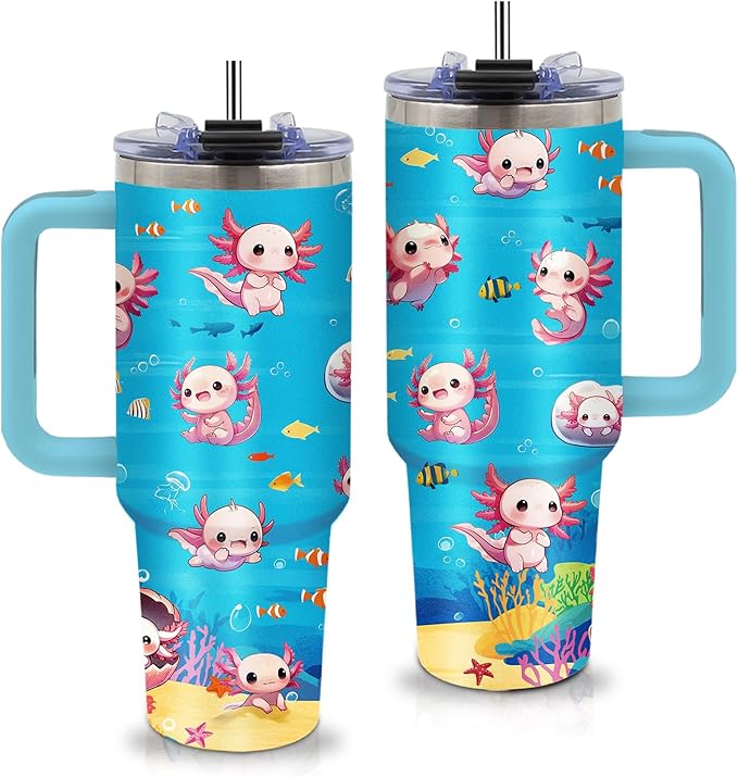 Axolotl Gifts for Girls - 40oz Tumbler with Straw & Handle, Axolotl Stainless Steel Insulated Tumbler, Leak Proof, BPA-Free,Adorable Ocean Animal Mug Cup for Sports, Travel, Birthday Gifts Cup