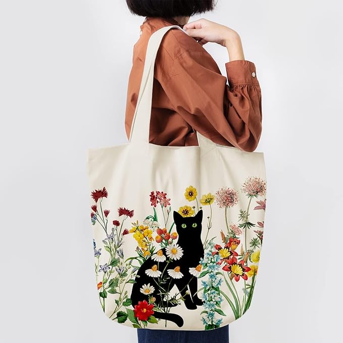 bmuvghi Black Cat Canvas Tote Bag with Zipper Pockets Vintage Flowers Cute Tote Bag Aesthetic Reusable Shopping Grocery Bags Birthday Gifts for Women