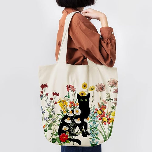 bmuvghi Black Cat Canvas Tote Bag with Zipper Pockets Vintage Flowers Cute Tote Bag Aesthetic Reusable Shopping Grocery Bags Birthday Gifts for Women