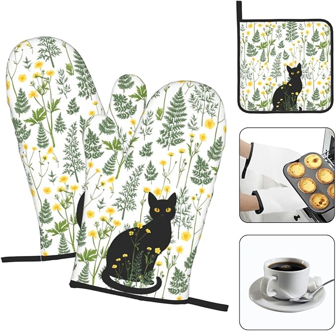 Black Cat Wildflower Hot Pads and Oven Mitts Set of 3, Spring Summer Plants Kitchen Decor Potholders and Oven Mitts, Baking and Cooking Gifts for Chef Baker, Black Cat Gifts for Women & Kitchen Decor