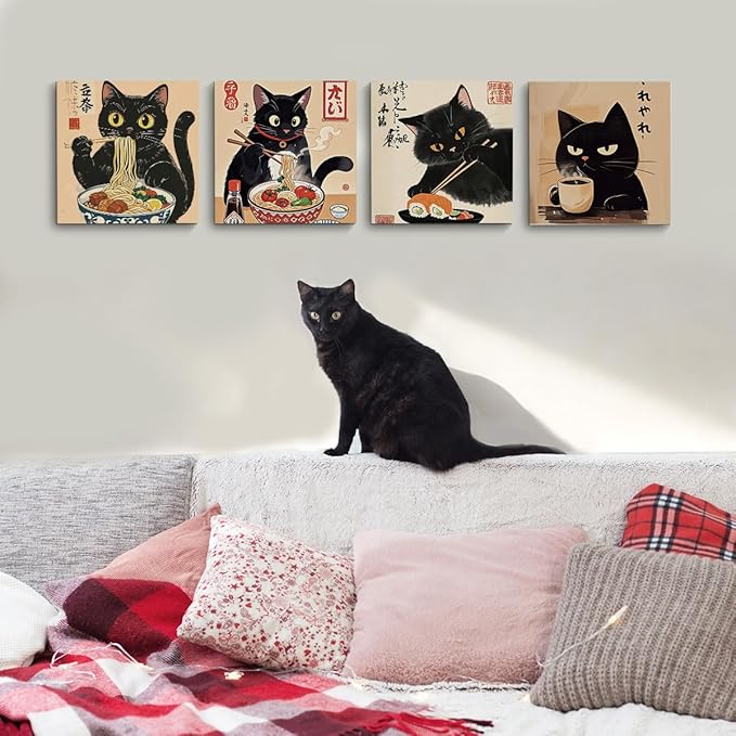 4 PCs Kawaii Japanese Ramen Cats Canvas Wall Art Framed Wall Decor, Cat Lover Gifts, Cat Themed Gifts Art Prints Paintings, Pictures Home Decor for Kithchen Dining Room Bedroom Farmhouse