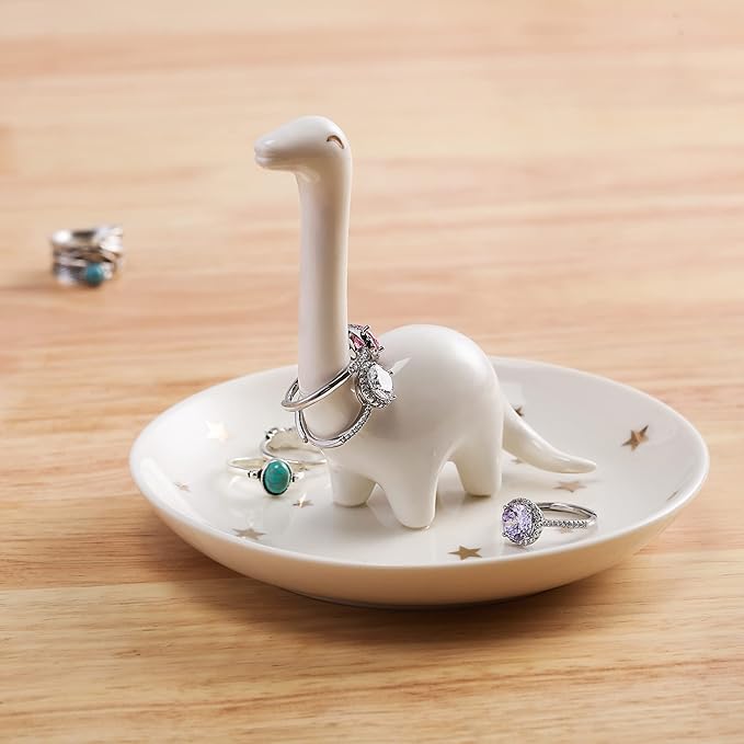 PUDDING CABIN White Dinosaur Ring Holder - Unique Jewelry Dish Tray for Rings, Earrings, Bracelets Organizer - Cute Gifts for Women, Girls, Her Birthday, Christmas, Wedding Gifts
