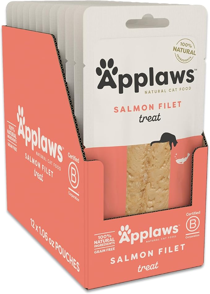 Applaws Natural Cat Treats, Grain-Free, High-Protein Whole Salmon Loins, Single-Ingredient Healthy Snack for Cats (12 x 1.06 oz Loins)