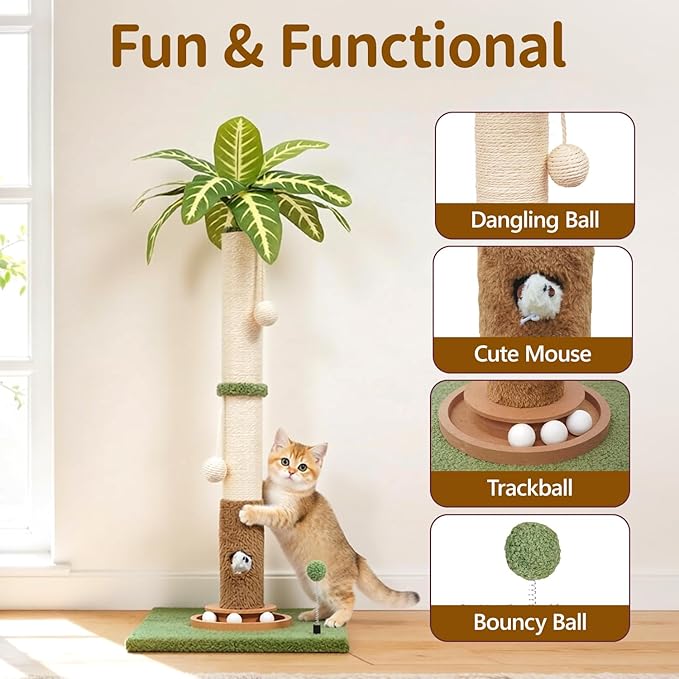 Tall Cat Scratching Post Vertical Pole for Indoor, 35" Palm Tree Sisal Scratch Post for Large Cats & Kittens, Heavy Duty Wooden Carpet Pole with Ball Track Leaves, Furniture Protection