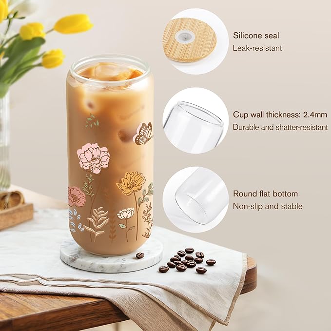 Joeyan Glass Cups with Lids and Straws - 20oz Iced Coffee Cup, Boho Floral Butterfly Glass Tumbler, Aesthetic Drinking Glasses for Smoothie Boba Tea, Birthday Mothers Day Gifts for Women, Mom, Friend