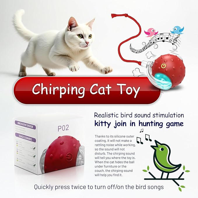 Interactive Cat Toys for Indoor Cats, 360° Smart Automatic Rolling Pet Ball, Rollie Pet Cat Toy, Electric Rolling Ball Dog Toy, Moving Cat Ball with Mesh Tail, Interactive Dog Toys for Small Dogs-Red