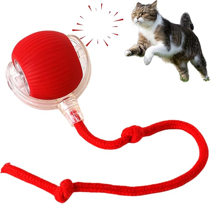 Silicone Cat Ball Toy - Smart Automatic Rolling Toy for Indoor Pets - Electric Cat Toy Ball with Tail with Motion-Activated, Fast Self-Rolling for Bored Cats & Dogs (Red)