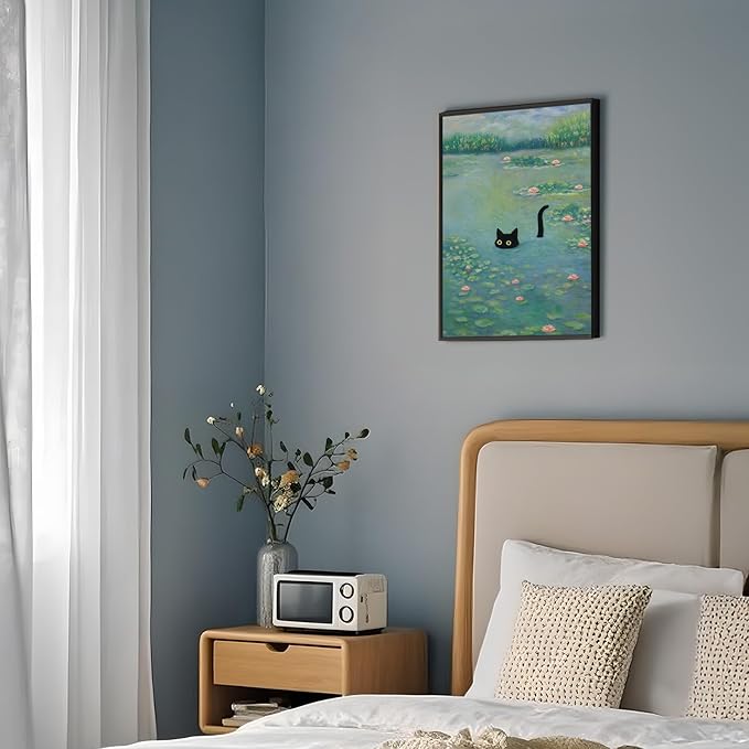 Funny Cat in Water Lilies Wall Art, Vintage Monet-Style Bathroom & Bedroom Decor, Ready to Hang Aesthetic Cat Gift for Dorm, Living Room, Black Frame Canvas Print(8’’x10’’)