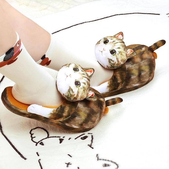 Funny Cat Slippers for Women,Fuzzy Animal Indoor House Shoes with Soft Memory Foam,Comfy Plush Warm Slip-on Slippers,Cat Gifts for Cat Lover