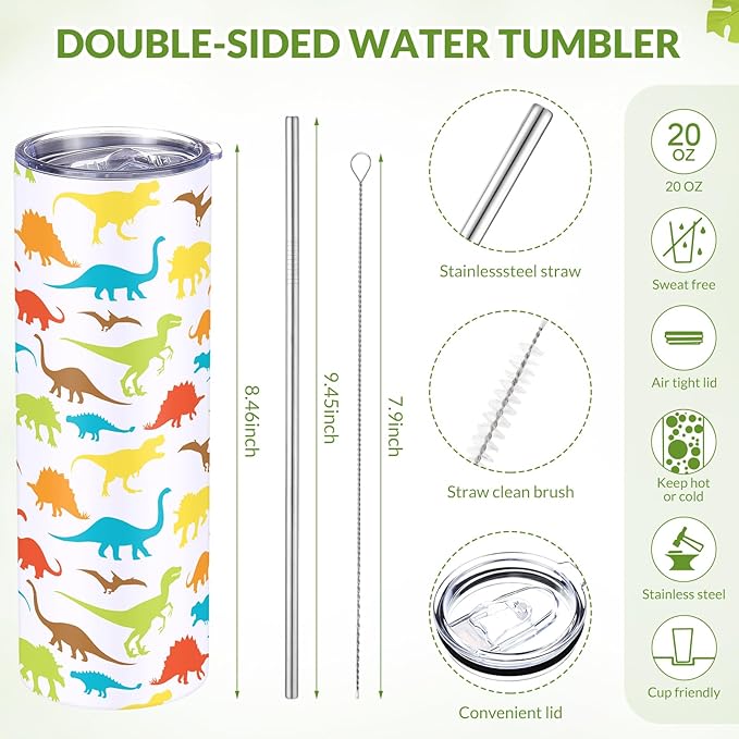 Funnymoom 2 Pack Cute Dinosaur Gifts Set Skinny Tumbler 20 oz Travel Coffee Mug Novelty Cute Animals Socks, Christmas Birthday Party Gifts for Dinosaur Themed