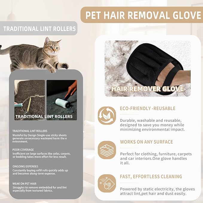 2PCS Pet Hair Removal Glove for Cats & Dogs, Newly Pro Five-Finger Electrostatic Pet Hair Remover Gloves, Reusable & Washable Magic Brush Pet Hair Removal Tool for Couch, Clothing, Carpet, Car Seat
