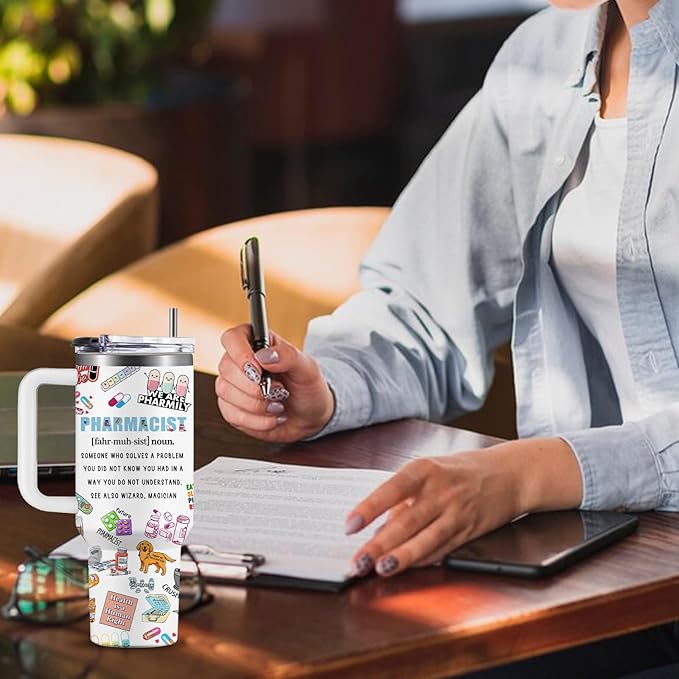 Pharmacist Gifts for Women Cup Tumbler 40Oz with Handle, Pharmacy Gifts for Pharmacist Insulated Water Cups, Pharmacy Appreciation Retirement Gift for Women Men Coffee Mugs