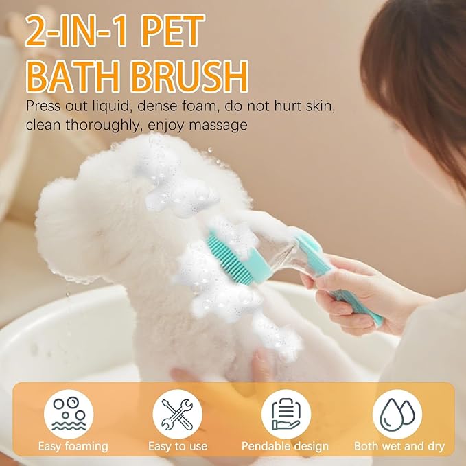 7 PCS Pet Bath Brush Set, Dog Bath Brush with Shampoo Dispenser, Cat Chin Cleaning Brush, Dog Toothbrush, Adjustable Glove Massage Brush Pet Scrubber for Bathing Long Short Haired Dogs Cats (Rose Red)