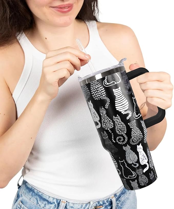 Ceovfoi 40 Oz Black Cat Coffee Travel Mug Cup Water BottleTumbler With Handle,Cat Decor,Black Cat Gifts for Women