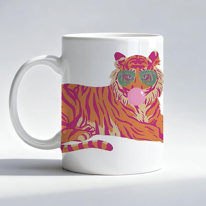 Pink and Orange Funny Tiger Mug, Gifts for Tiger Lovers Coffee Cup, Animal Lover Gifts for Women, Preppy Trendy Tigers Ceramic Coffee Mug 11 oz