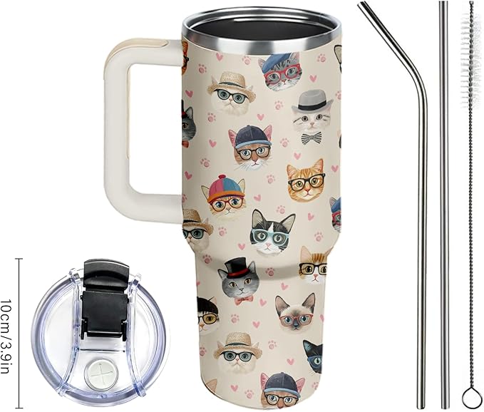 Cat Face Tumbler 40oz with Handle - Funny Cat Lover Gifts for Women, Insulated Travel Coffee Mug, Cute Cats Cup for Cats Owners, Christmas Birthday Present