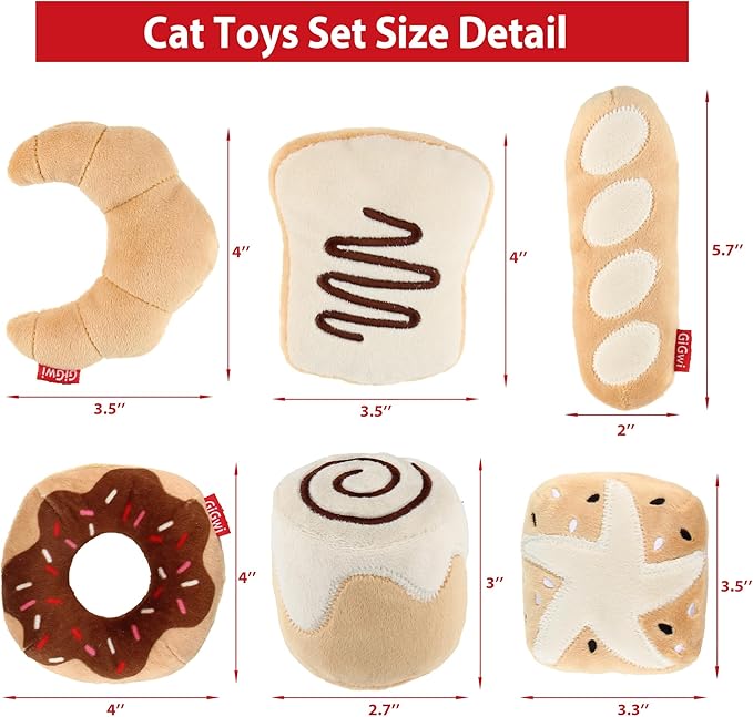Gigwi Catnip Toys for Cats, Interactive Plush Kicker Toys Set Bread Design, Crinkle Pet Toys for Enrichment with Refillable Catnip, Safe Material Kitten Teething Toys for Chewing, 6 Pack