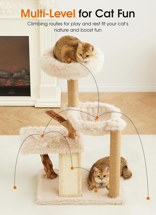 Letkind 38" Modern Cat Tree Tower for Large Indoor Cats, Perches-Natural Solid Wood Cat Tower with Sisal Scratching Post, Perches, Basket & Scratching Post, Aesthetic Boho Cat Furniture