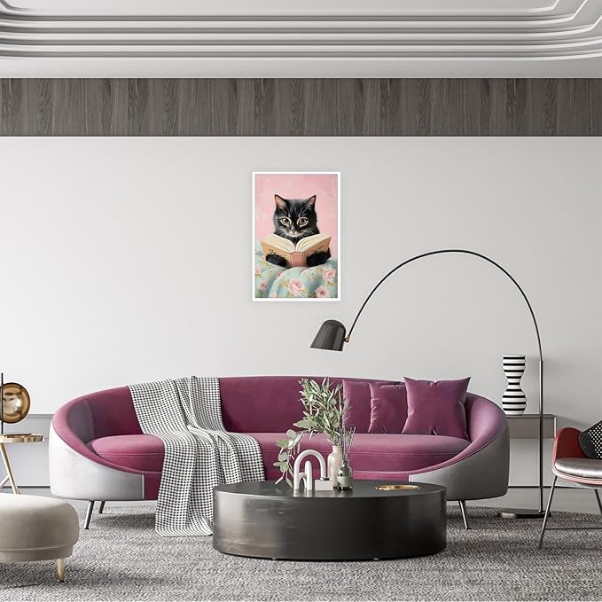 Vintage Cute Cat Canvas Wall Art Funny Cat Covered With Quilt Reading A Book Poster Trendy Cat Lovers Animal Aesthetic Prints Painting For Girls Room Bedroom Dorm Wall Decor 16x24in Unframed