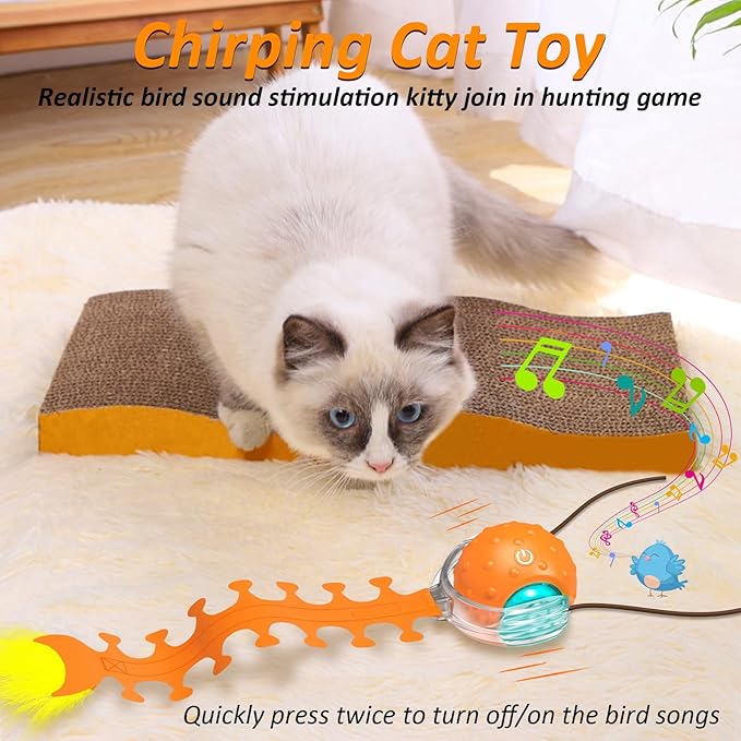Interactive Cat Toy with Centipede Tail,Fast Rolling Ball, Rechargeable Toys for Bored Indoor Adult Cats, Touch Activated/Rechargeable/Bird Chirping Squeaky
