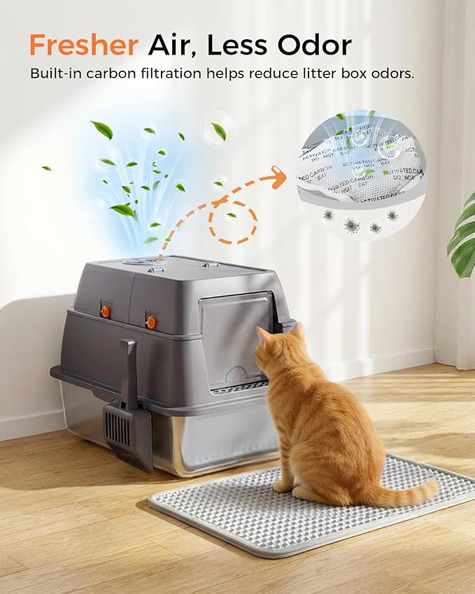 GTPLAYER XXL Stainless Steel Cat Litter Box with Lid, High Sided Enclosed Cat Litter Box, Activated Carbon Odor Control, Extra Large Metal Litter Box, Anti-Leak, with Mat & Scoop, Pinky Paws