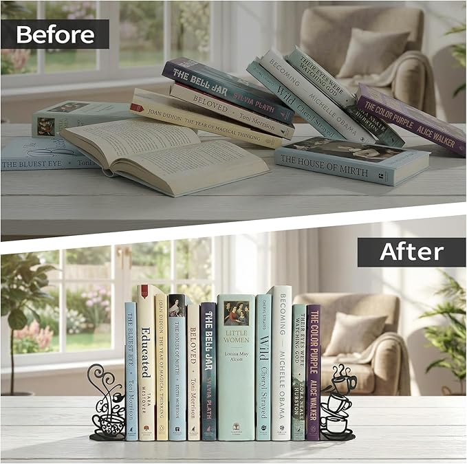 Creative Coffee Cup Decorative Bookend for Shelves, Metal Bookends for Heavy Books, Unique Cute Cookbook Organizer Book Holder for Kitchen Housewarming Cooking Book Lover Gifts