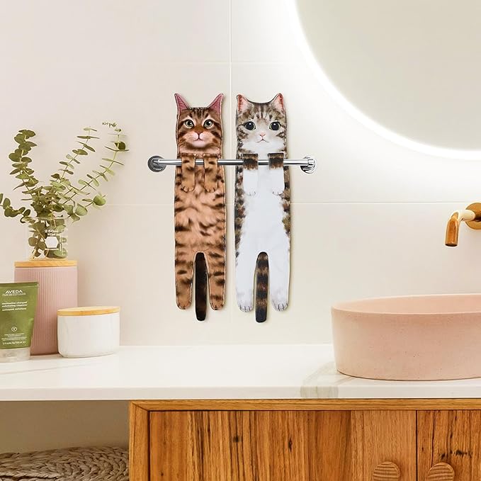 Funny Hand Towels for Bathroom Kitchen Decor - Cute Cat Hanging Hand Towel Kitchen Gadgets - Unique Housewarming Birthday Christmas Cat Lover Gift Ideas for Women Mom Lady Adults