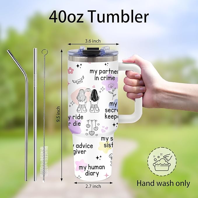 Bestie Gifts for Women Friendship - Best Friend Tumbler 40oz with Handle and Straws, Leak-proof, Stainless Steel Insulated Coffee Mugs for BFF Soul Sister Work Bestie Cups, Gifts for Female Birthday