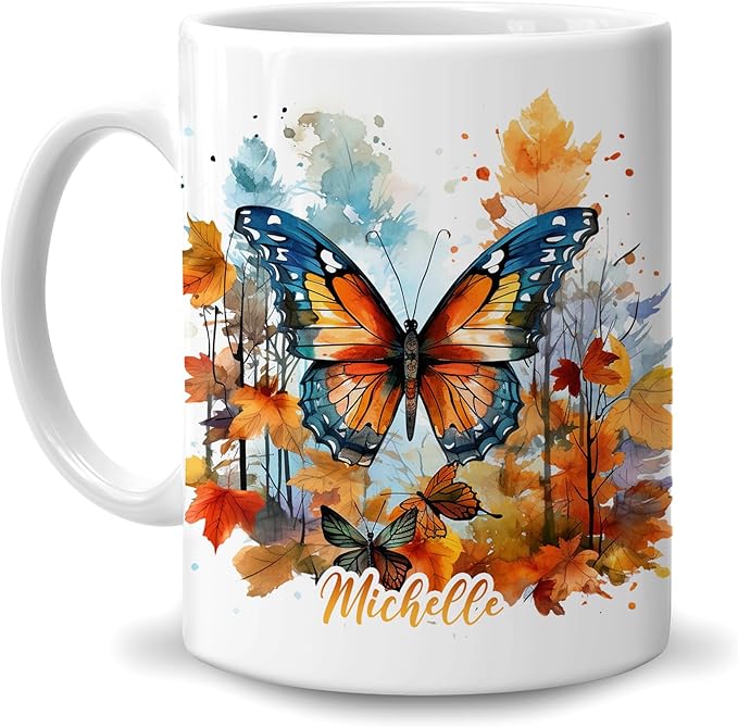 Hyturtle Personalized Fall Butterfly Maple Leaves Coffee Mug - Birthday Gifts For Butterfly Lovers - Fall Autumn Decor Gifts For Farmhouse Thanksgiving - Custom Name 11oz White Ceramic Coffee Tea Mug