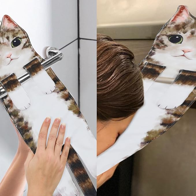 Funny Hand Towels for Bathroom Kitchen Decor - Cute Cat Hanging Hand Towel Kitchen Gadgets - Unique Housewarming Birthday Christmas Cat Lover Gift Ideas for Women Mom Lady Adults