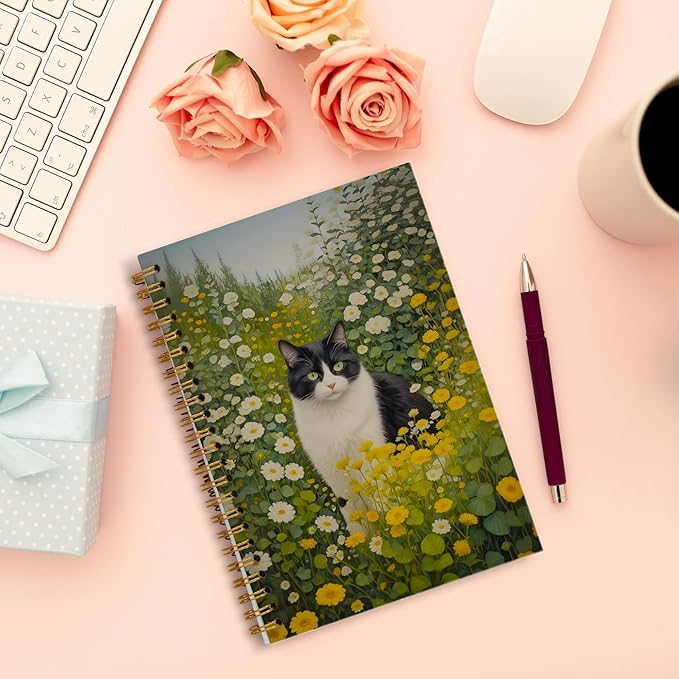 Vintage Floral Tuxedo Cat Notebook, Retro Cottagecore Daisy Flower Botanical Kitty Journal for Writing, Cat Office Supplies, Spiral Notebook 5.5x8.3 Inch