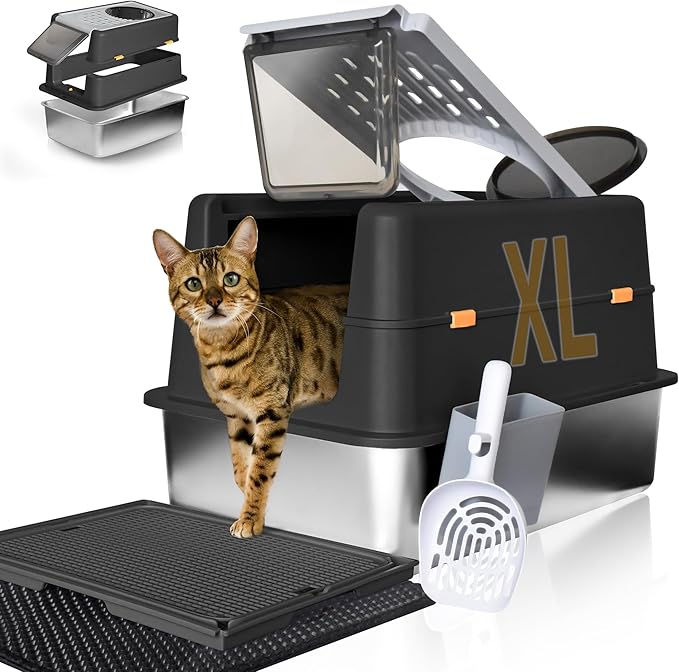 Ultimate Stainless Steel Litter Box with Lid - XL Enclosed Anti-Leak Design for Big Cats, Non-Stick Easy Clean Metal Litter Box System with Scoop Set, High-Sided Urine Protection, Sleek Black