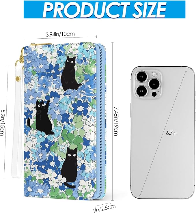 Womens Wallet, Black Cats Wristlet Wallet For Women, Blue Flowers Credit Card Holder Purse With Zipper, Birthday Christmas Graduation Gifts For Women Mom, Travel Office Daily Purse