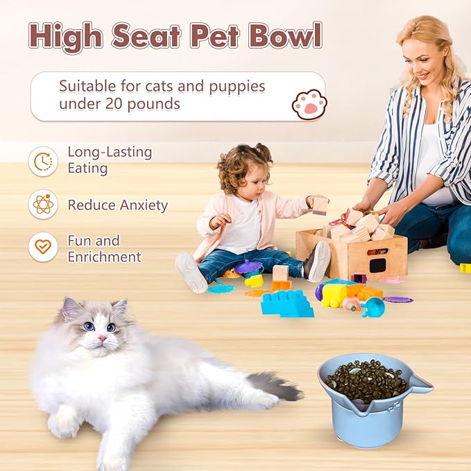 Silicone Slow Feeder Cat Bowl, Elevated Cat Slow Feeder with Suction Cups, Multi-Angle Tilt Design, No Black Chin, Suitable for Dry Wet Food (Light Blue)