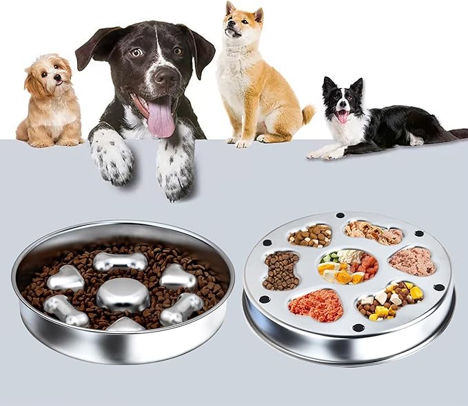 2 in 1 Slow Feeder Dog Bowl Stainless Steel, Medium Breed 2-Cups Slow Down Eating Dish, Dog Cat Food Bowls for Small & Medium Sized Dog (Dual-Purpose Dish)