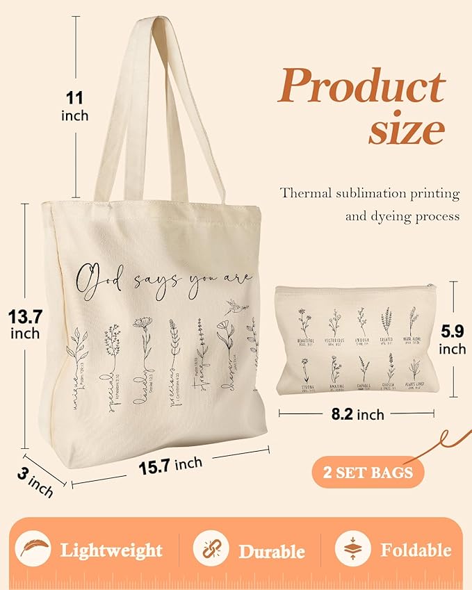 Miss Adola Aesthetic 2 Pack Canvas Tote Bag - with Makeup Zipper Pouch for Women Bag for Shopping, Gym, Travel, Vacation