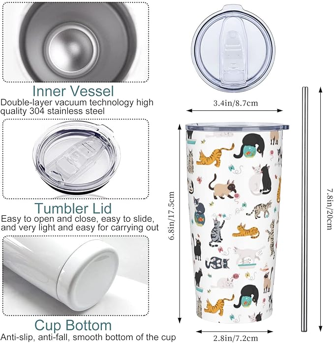 Yobvec Cat Tumbler with Lid and Straw, 20 Oz Stainless Steel Cups Insulated Water Bottle Coffee Mug Gifts for Cat Lover