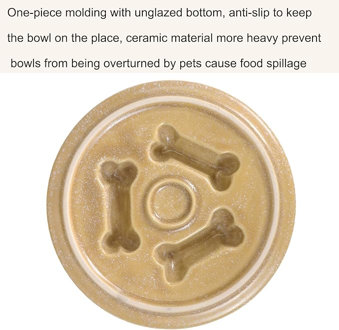 Ceramic Slow Feeder Cat Bowls 6 Inch Cute Bone Slow Feeding Dog Food Bowl,Whisker-Friendly, Anti-Vomiting Feeder for Cats and Small Dogs Non Slip Dishwasher/Microwave Safe (Khaki)