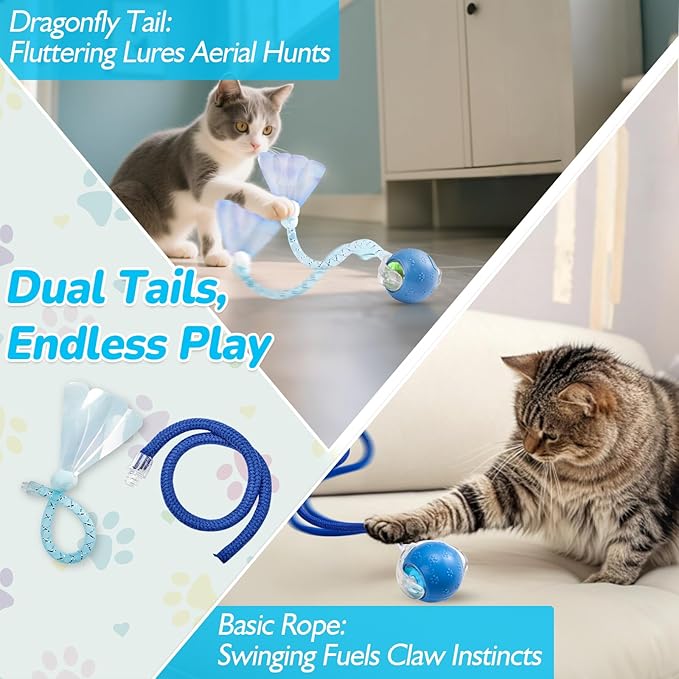 Interactive Cat Toys for Indoor Cats, Fast Rolling, Chirping, Motion Activated Automatic Cat Toy for Enrichment, Smart Cat Ball Toy 1 Count with 2 Tails and 3 Speed Adjustment, Blue